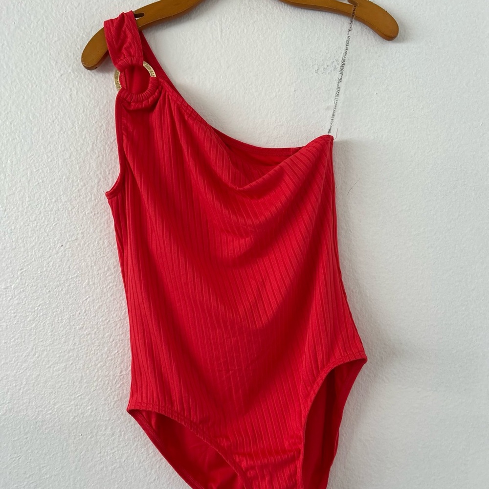 Michael Kors One-Shoulder Ribbed Orange Swimsuit One Piece Size 12